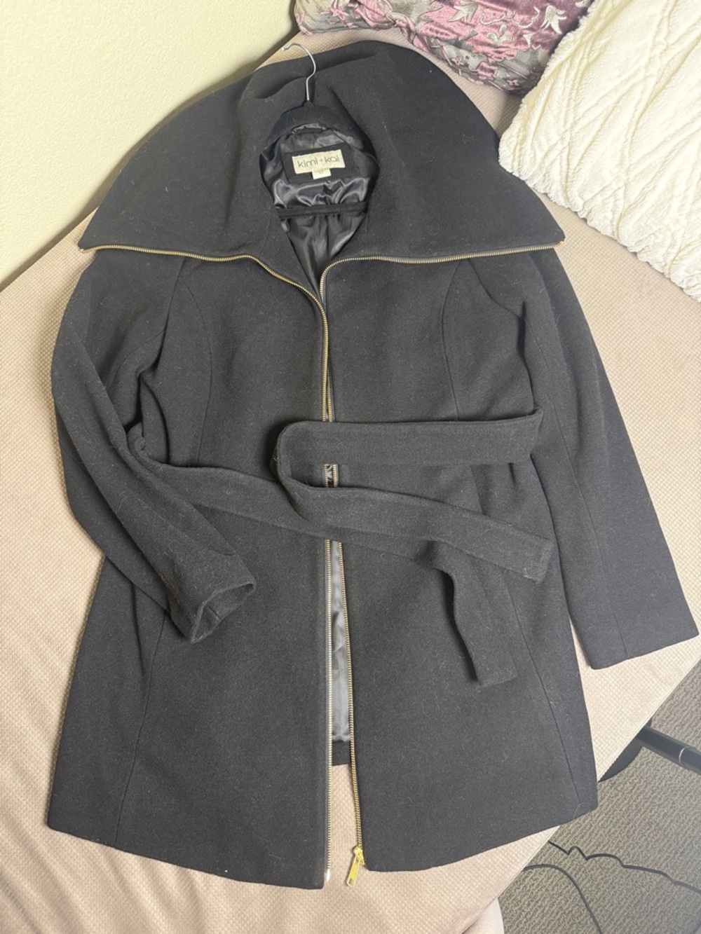 Kimi and Kai Black Wool Belted Pea Coat with Wide Collar